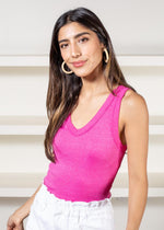 Michael Stars Maya Shine V-Neck Tank- Magenta-Hand In Pocket