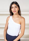 Michael Stars Kelly Shine One-Shoulder Top- White-Hand In Pocket