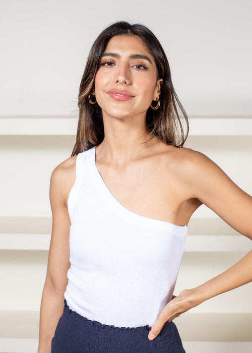 Michael Stars Kelly Shine One-Shoulder Top- White-Hand In Pocket