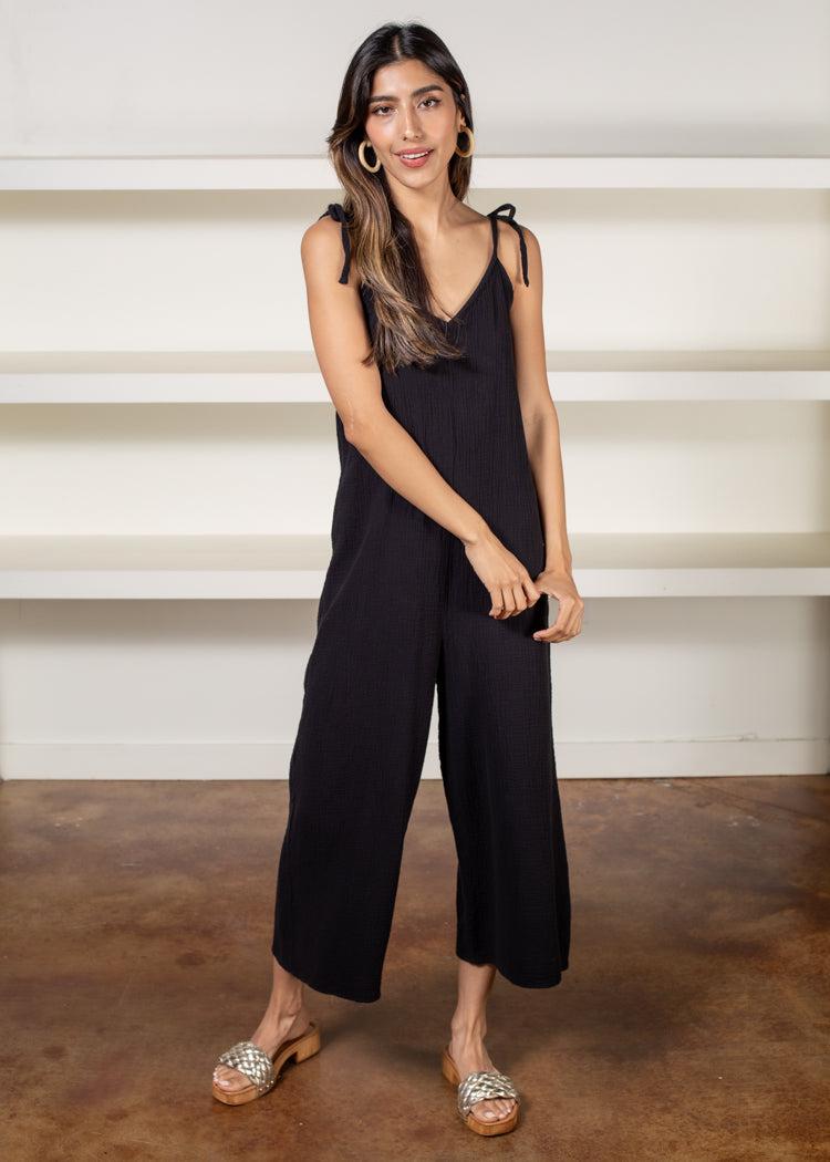 Bobi Tie Shoulder Wide Jumpsuit Coverup-Black-Hand In Pocket