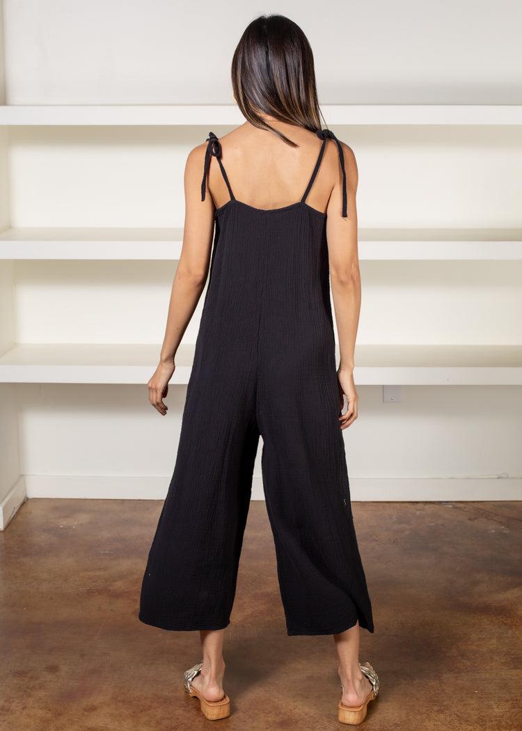 Bobi Tie Shoulder Wide Jumpsuit Coverup-Black-Hand In Pocket