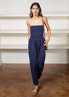 Bobi Strapless Slit Leg Smocked Jumpsuit- Navy-Hand In Pocket