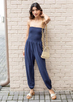 Bobi Strapless Slit Leg Smocked Jumpsuit- Navy-Hand In Pocket