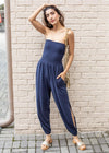 Bobi Strapless Slit Leg Smocked Jumpsuit- Navy-Hand In Pocket