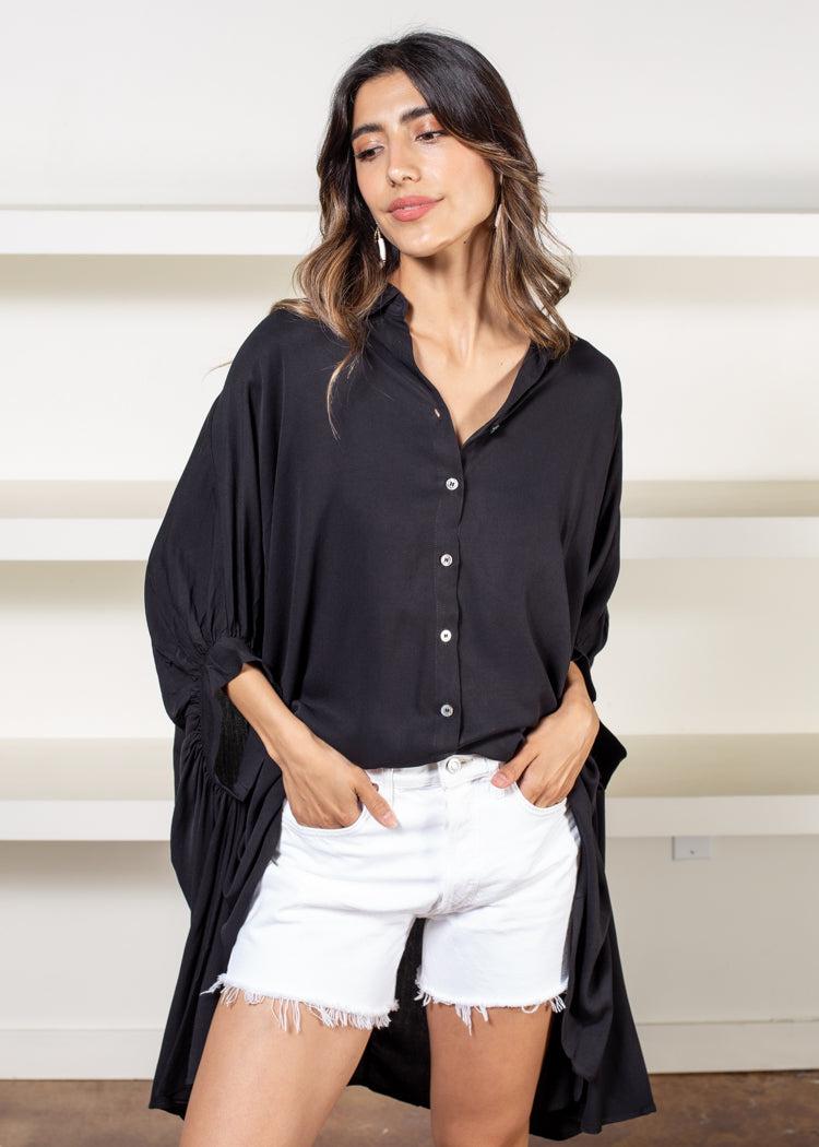 Campo Oversized Hi/Lo Button Down Shirt- Black-Hand In Pocket