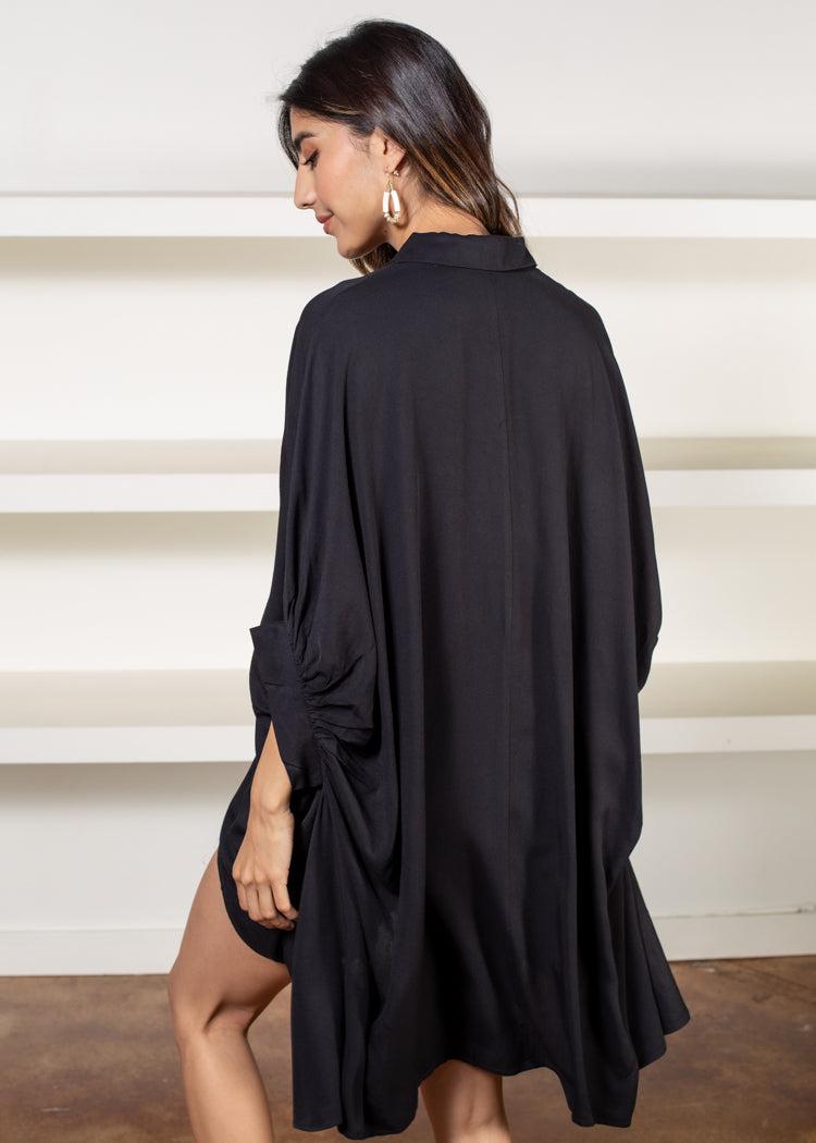 Campo Oversized Hi/Lo Button Down Shirt- Black-Hand In Pocket