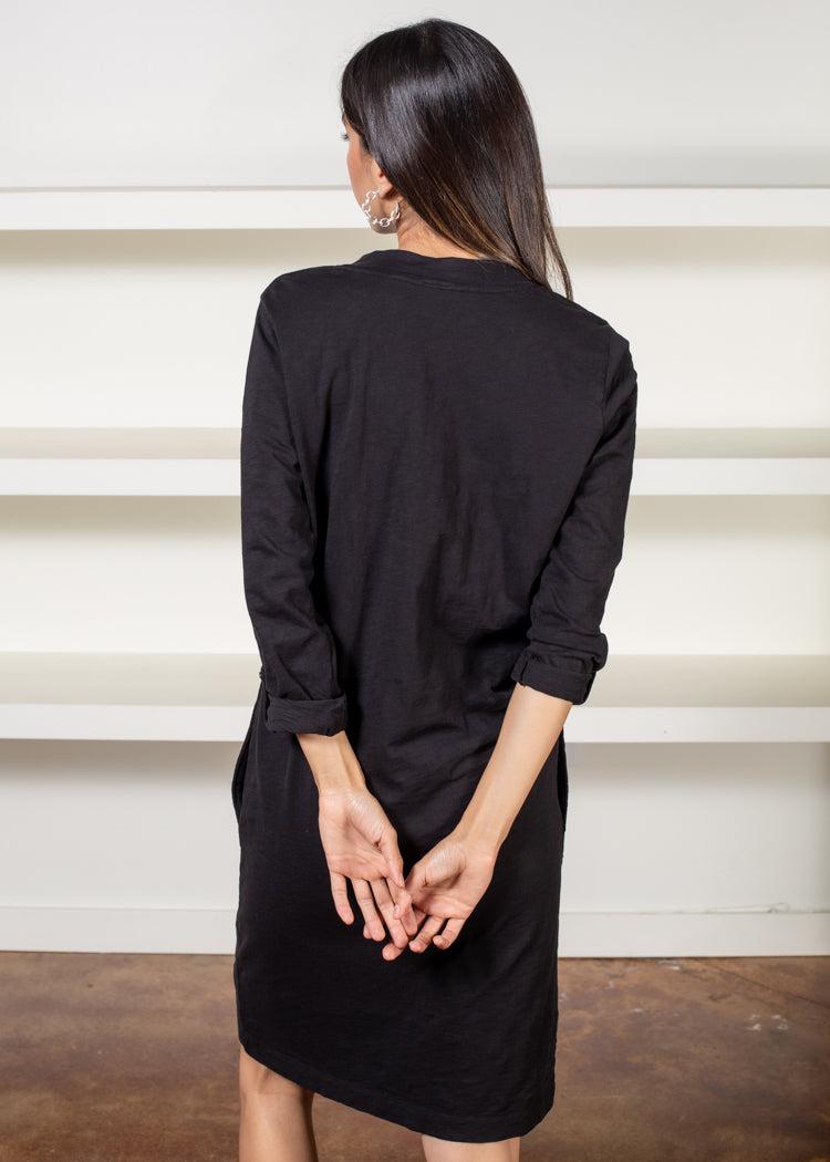 Bobi V Neck Tab Sleeve Shirt Dress-Black-Hand In Pocket