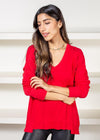 Bobi Princess Seam Long Sleeve V Neck Tee- Red Hot ***FINAL SALE***-Hand In Pocket