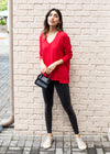 Bobi Princess Seam Long Sleeve V Neck Tee- Red Hot ***FINAL SALE***-Hand In Pocket