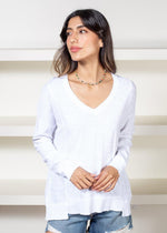 Bobi Princess Seam Long Sleeve V Neck Tee- White-Hand In Pocket