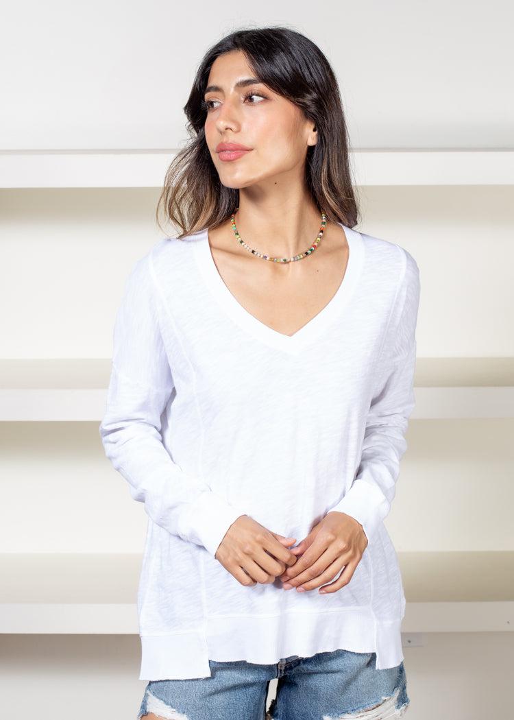 Bobi Princess Seam Long Sleeve V Neck Tee- White-Hand In Pocket