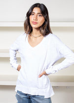 Bobi Princess Seam Long Sleeve V Neck Tee- White-Hand In Pocket