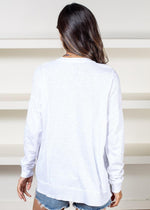 Bobi Princess Seam Long Sleeve V Neck Tee- White-Hand In Pocket