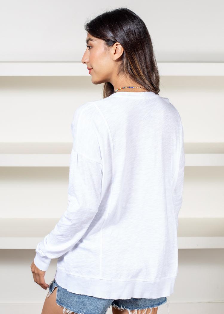 Bobi Princess Seam Long Sleeve V Neck Tee- White-Hand In Pocket