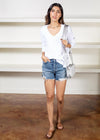Bobi Princess Seam Long Sleeve V Neck Tee- White-Hand In Pocket