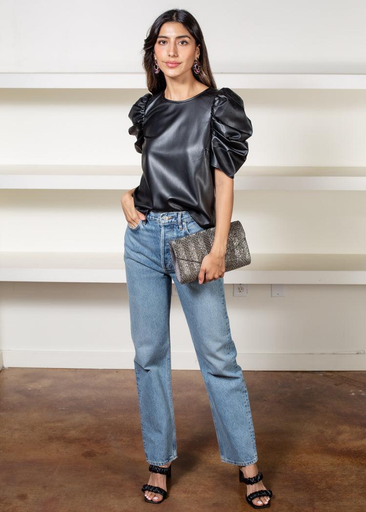 Kira Vegan Leather Puff Sleeve Top-Hand In Pocket