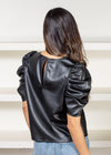 Kira Vegan Leather Puff Sleeve Top-Hand In Pocket