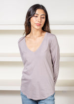 Bobi Essential Long Sleeve V Neck Curved Hem Tee- Lead-Hand In Pocket