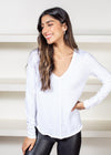 Bobi Long Sleeve V Neck Center Seam Tee-White-Hand In Pocket