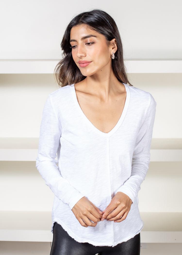 Bobi Long Sleeve V Neck Center Seam Tee-White-Hand In Pocket