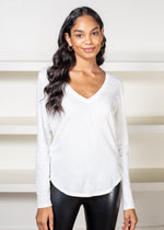 Bobi Essential Long Sleeve V Neck Curved Hem Tee-Cream-Hand In Pocket