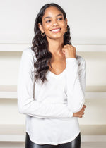 Bobi Essential Long Sleeve V Neck Curved Hem Tee-Cream-Hand In Pocket