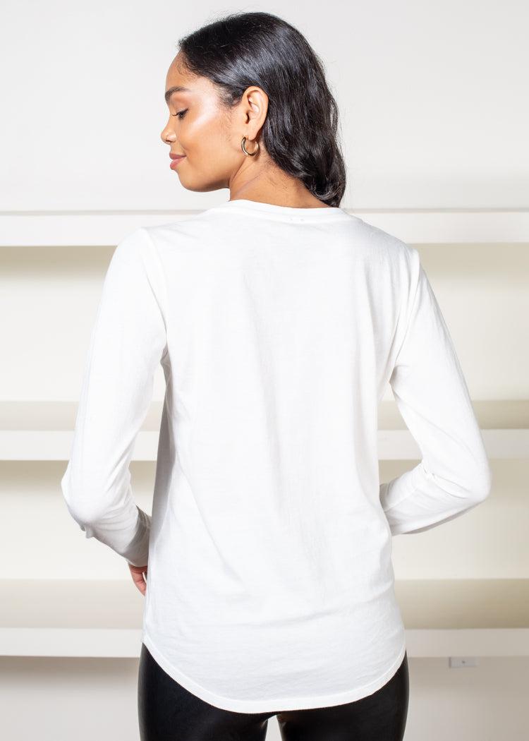 Bobi Essential Long Sleeve V Neck Curved Hem Tee-Cream ***FINAL SALE***-Hand In Pocket