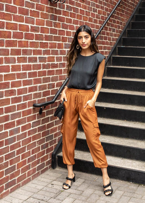 Sienna Silky Joggers - Rust-Hand In Pocket