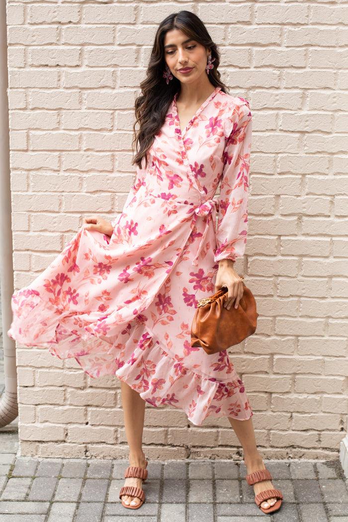 Adelyn Rae Katia Ruffle Wrap Midi Dress-Hand In Pocket