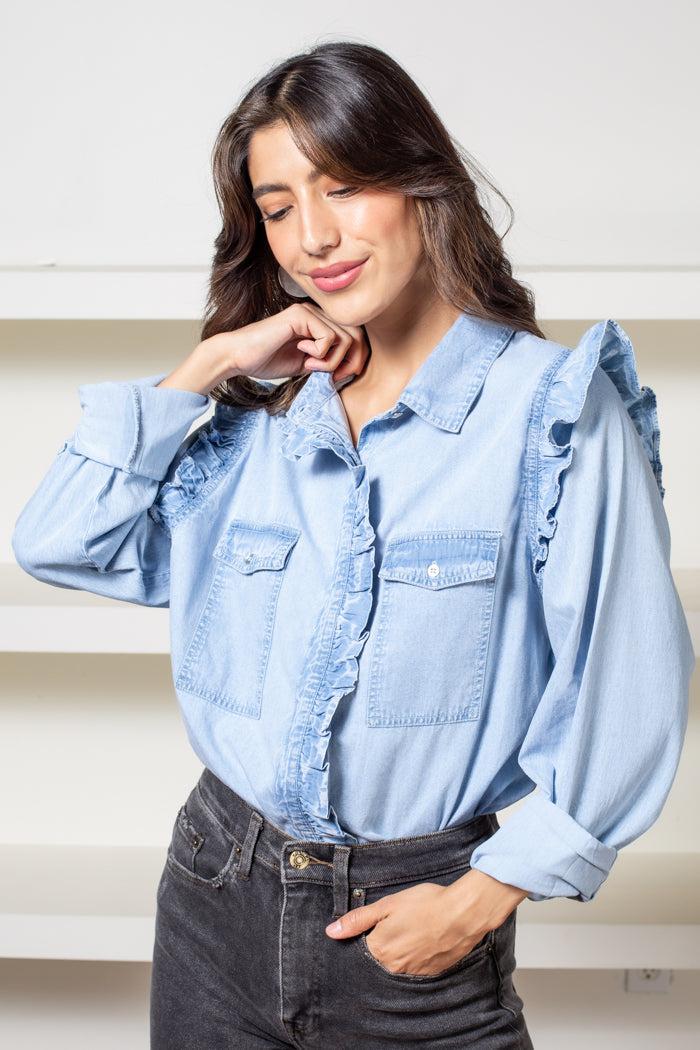 Elan Rya Button Down Ruffle Front Denim Blouse-Hand In Pocket