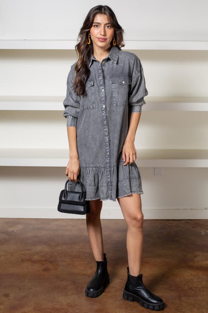 Elan Zayla Ruffled Denim Shirtdress ***FINAL SALE***-Hand In Pocket