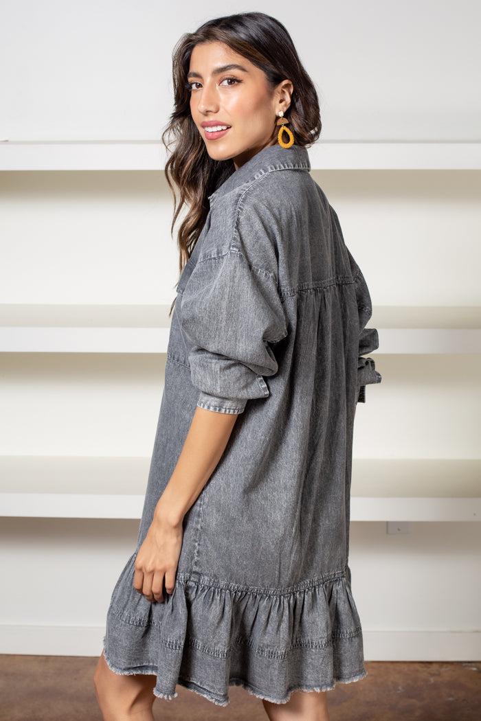 Elan Zayla Ruffled Denim Shirtdress ***FINAL SALE***-Hand In Pocket