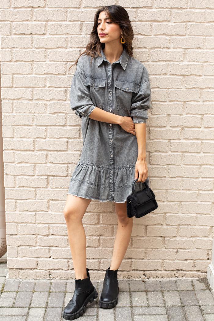 Elan Zayla Ruffled Denim Shirtdress ***FINAL SALE***-Hand In Pocket