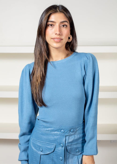 Athena Sky Blue Sweater-Hand In Pocket