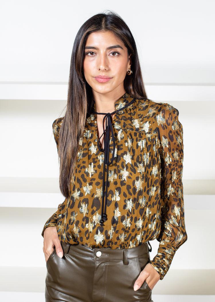 Rosalie Shirred Leopard Print Tie Neck Blouse-Hand In Pocket