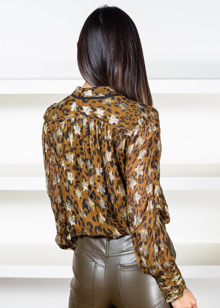 Rosalie Shirred Leopard Print Tie Neck Blouse-Hand In Pocket