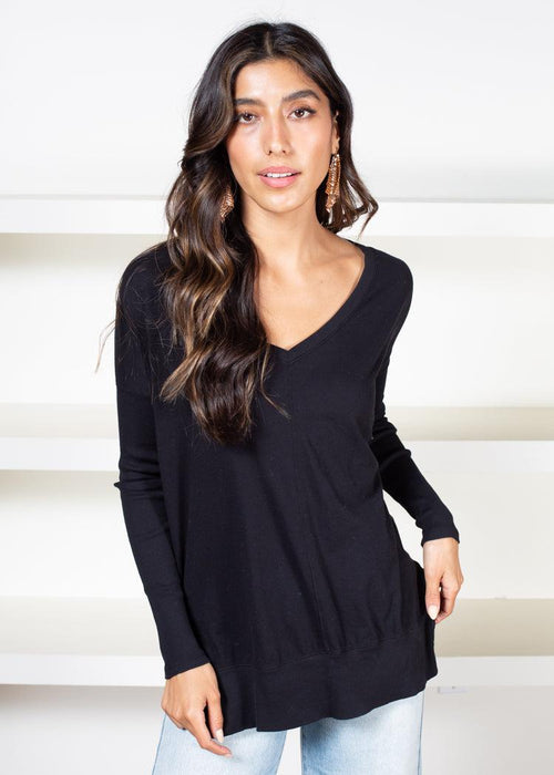 Bobi V Neck Neck Mixed RiB Hem Long Sleeve Tee - Black-Hand In Pocket