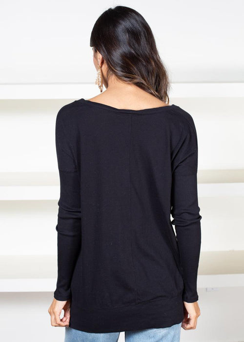 Bobi V Neck Neck Mixed RiB Hem Long Sleeve Tee - Black-Hand In Pocket