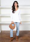 Bobi V Neck Neck Mixed RiB Hem Long Sleeve Tee - White-Hand In Pocket