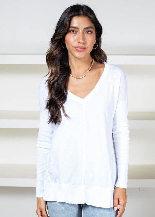 Bobi V Neck Neck Mixed RiB Hem Long Sleeve Tee - White-Hand In Pocket