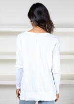 Bobi V Neck Neck Mixed RiB Hem Long Sleeve Tee - White-Hand In Pocket