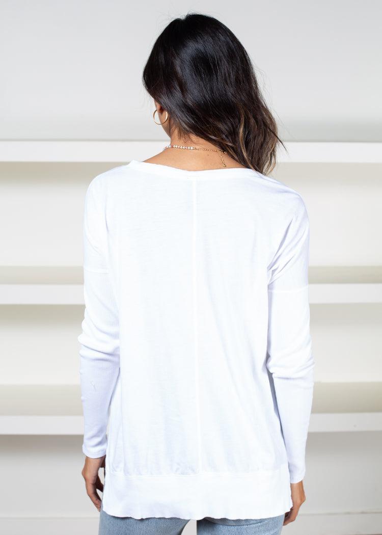 Bobi V Neck Neck Mixed RiB Hem Long Sleeve Tee - White ***FINAL SALE***-Hand In Pocket