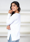 Bobi V Neck Neck Mixed RiB Hem Long Sleeve Tee - White-Hand In Pocket