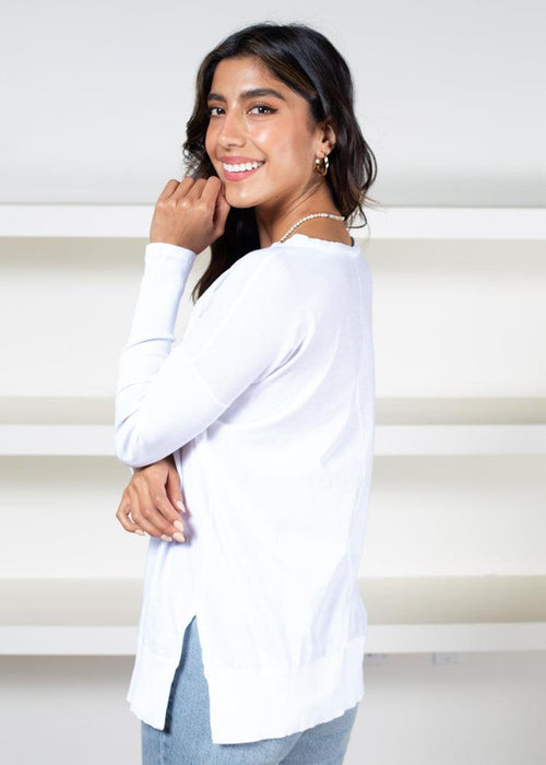 Bobi V Neck Neck Mixed RiB Hem Long Sleeve Tee - White-Hand In Pocket