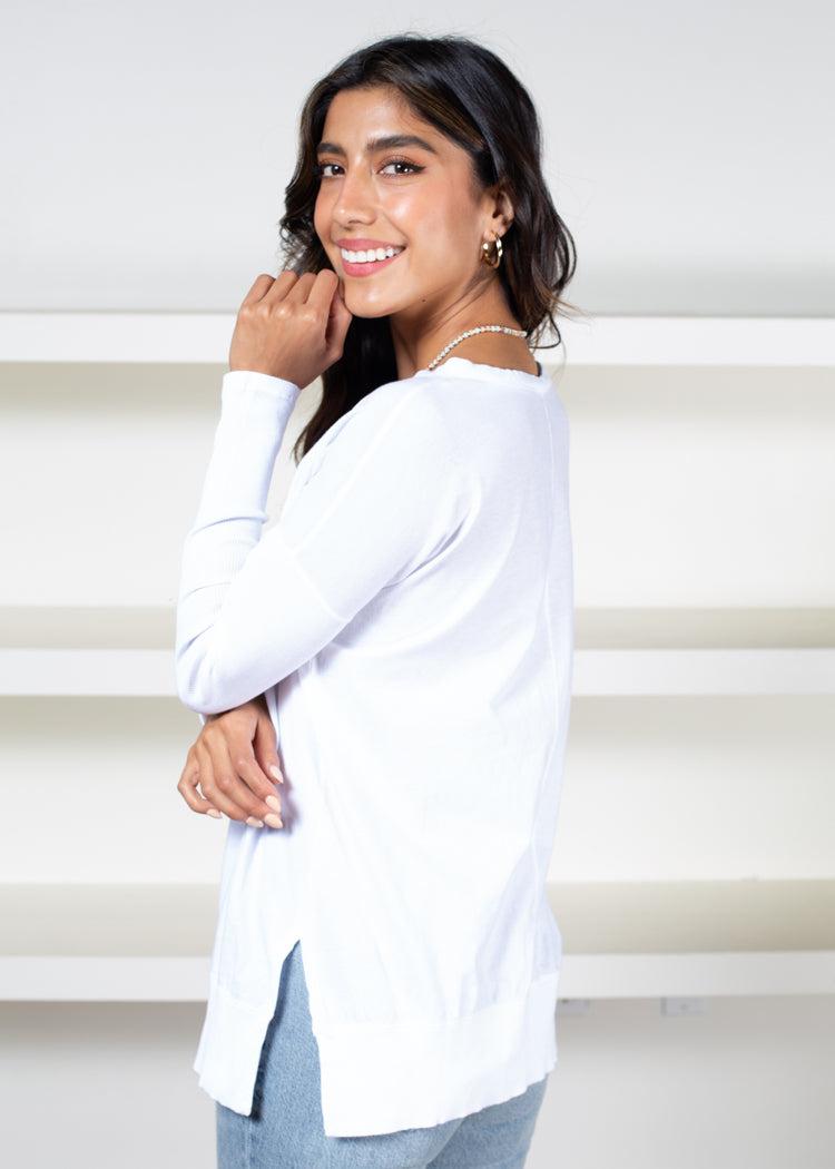 Bobi V Neck Neck Mixed RiB Hem Long Sleeve Tee - White-Hand In Pocket
