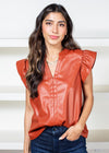 THML Ember Flutter Sleeve Faux Leather Top-Hand In Pocket