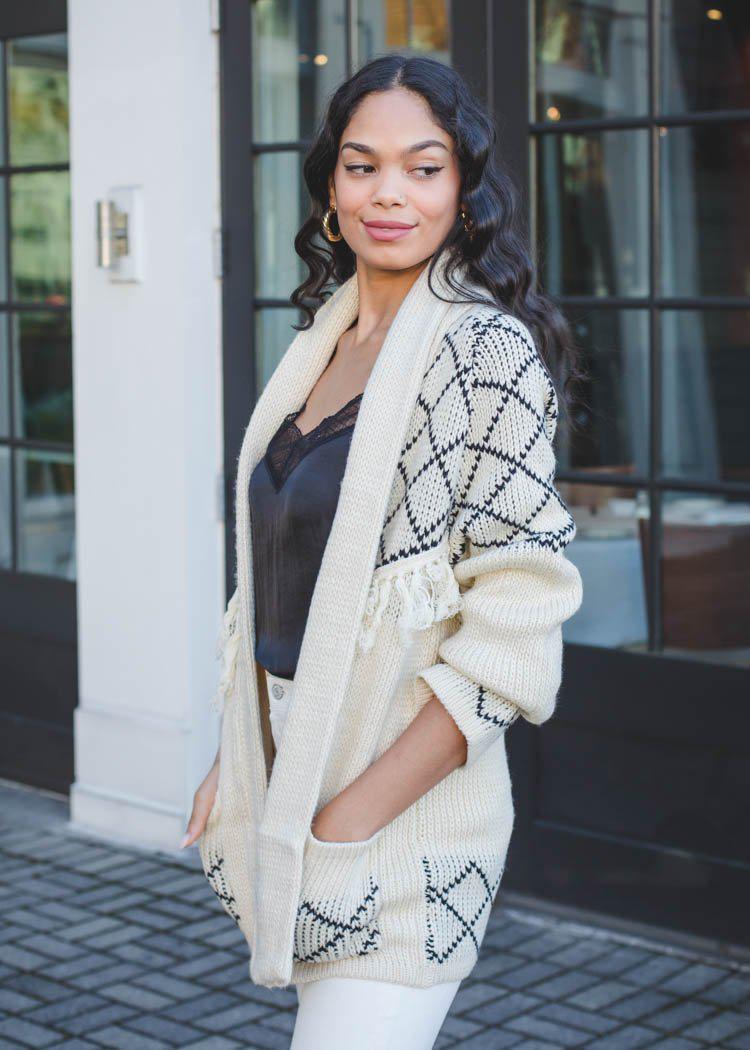 Line + Dot Elise Knit Fringed Cardigan-Hand In Pocket