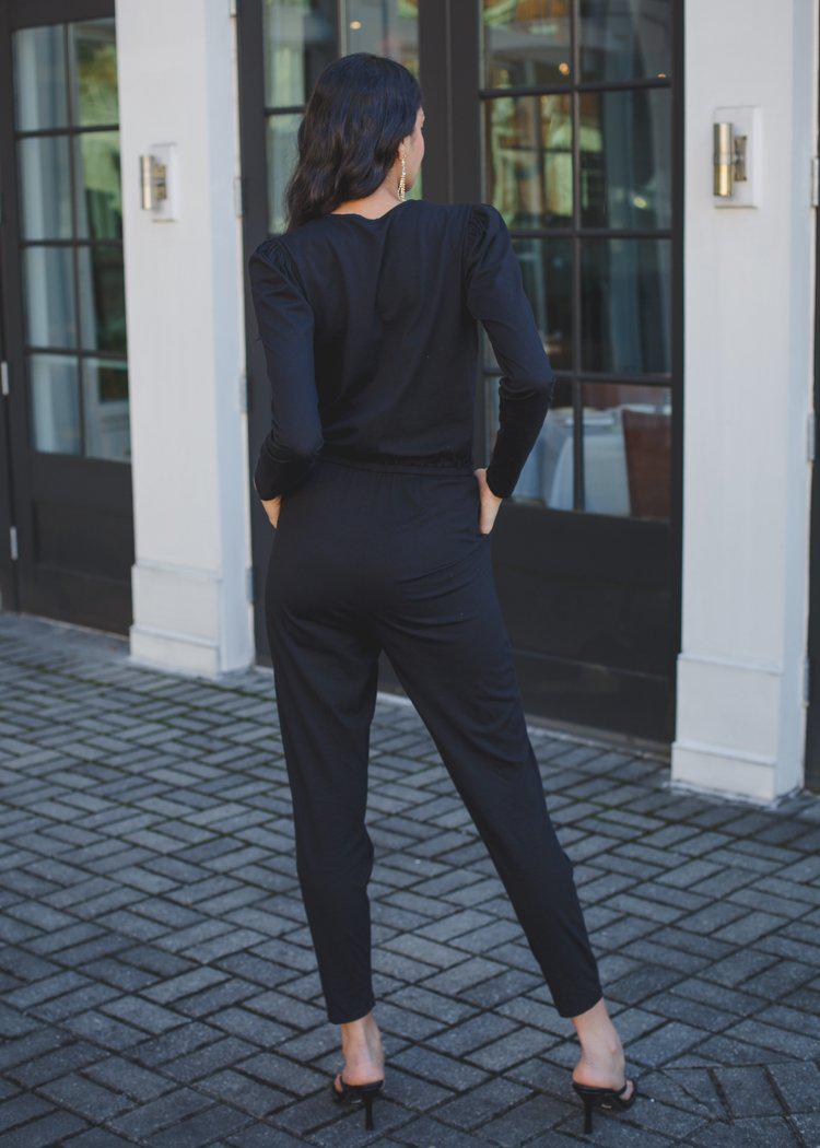 Bobi Long Sleeve Surplice Jumpsuit -Black-Hand In Pocket
