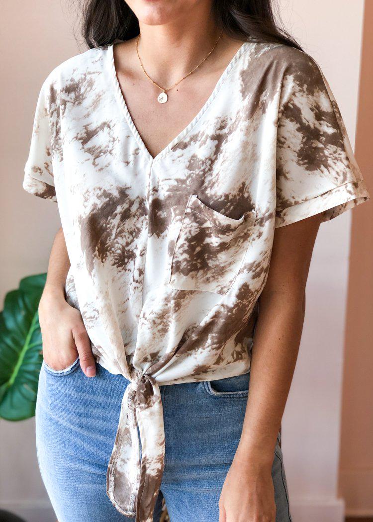 Cristina Tie-Dye Tie Front Blouse with Pocket - Mocha-Hand In Pocket