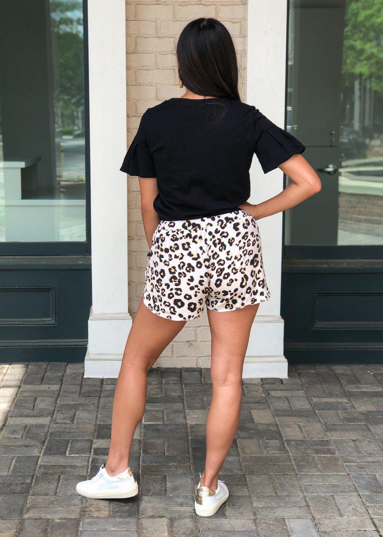 Karlie Cannali Leopard Print Drawstring Tie Front Track Shorts-Hand In Pocket